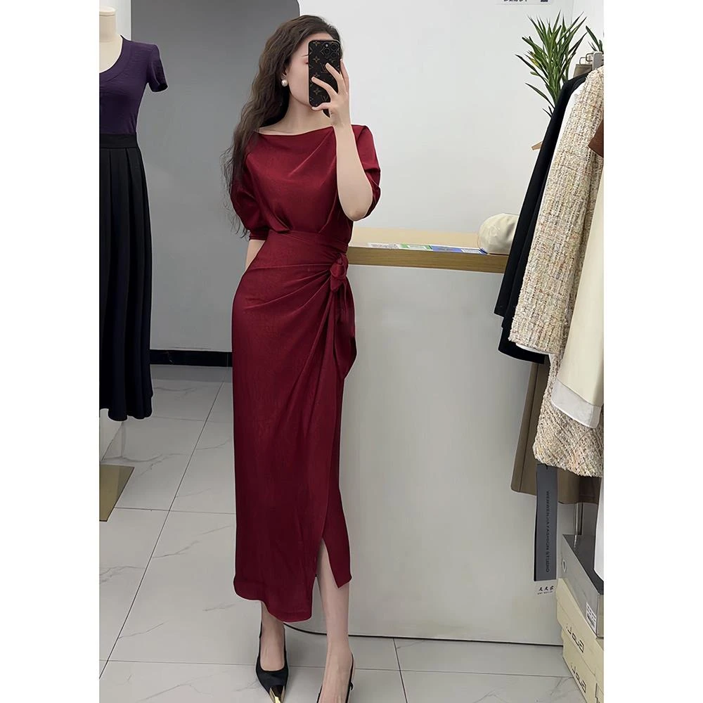 早秋爆款气质轻奢高级红色醋酸缎面收腰裙子财阀千金女装连衣裙