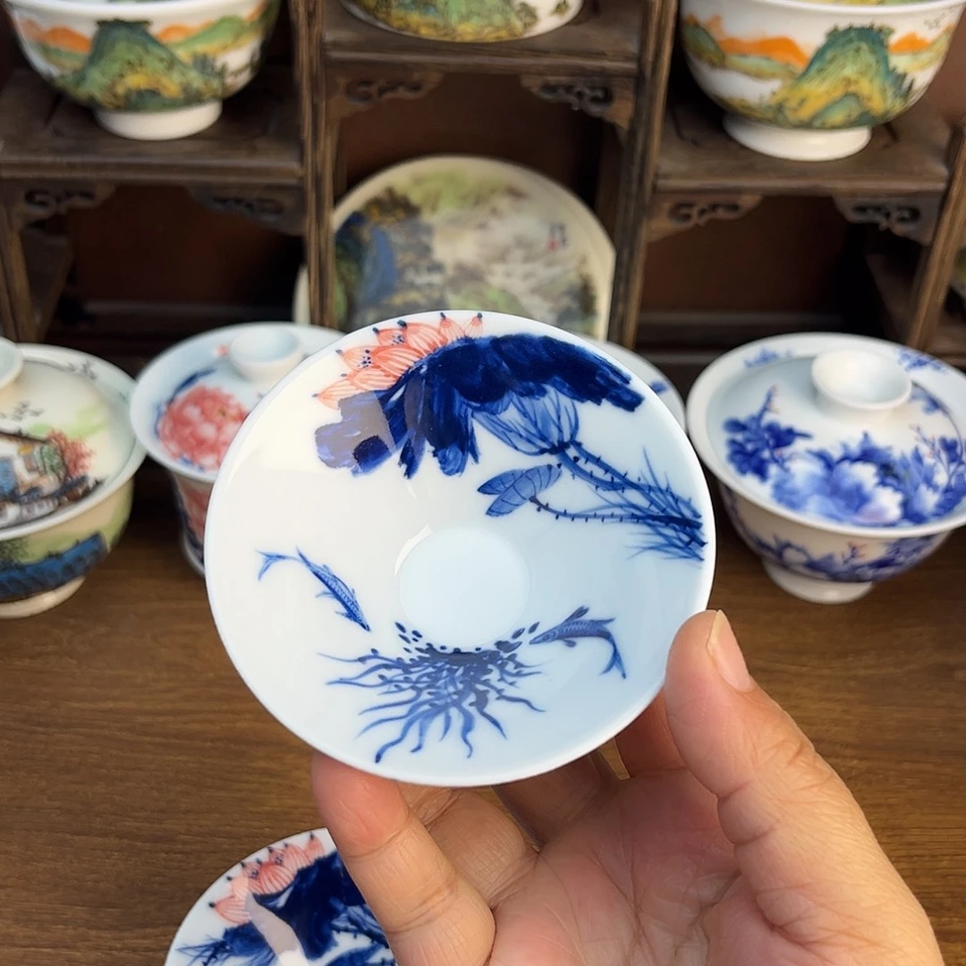 忠意堂釉下彩荷花鱼