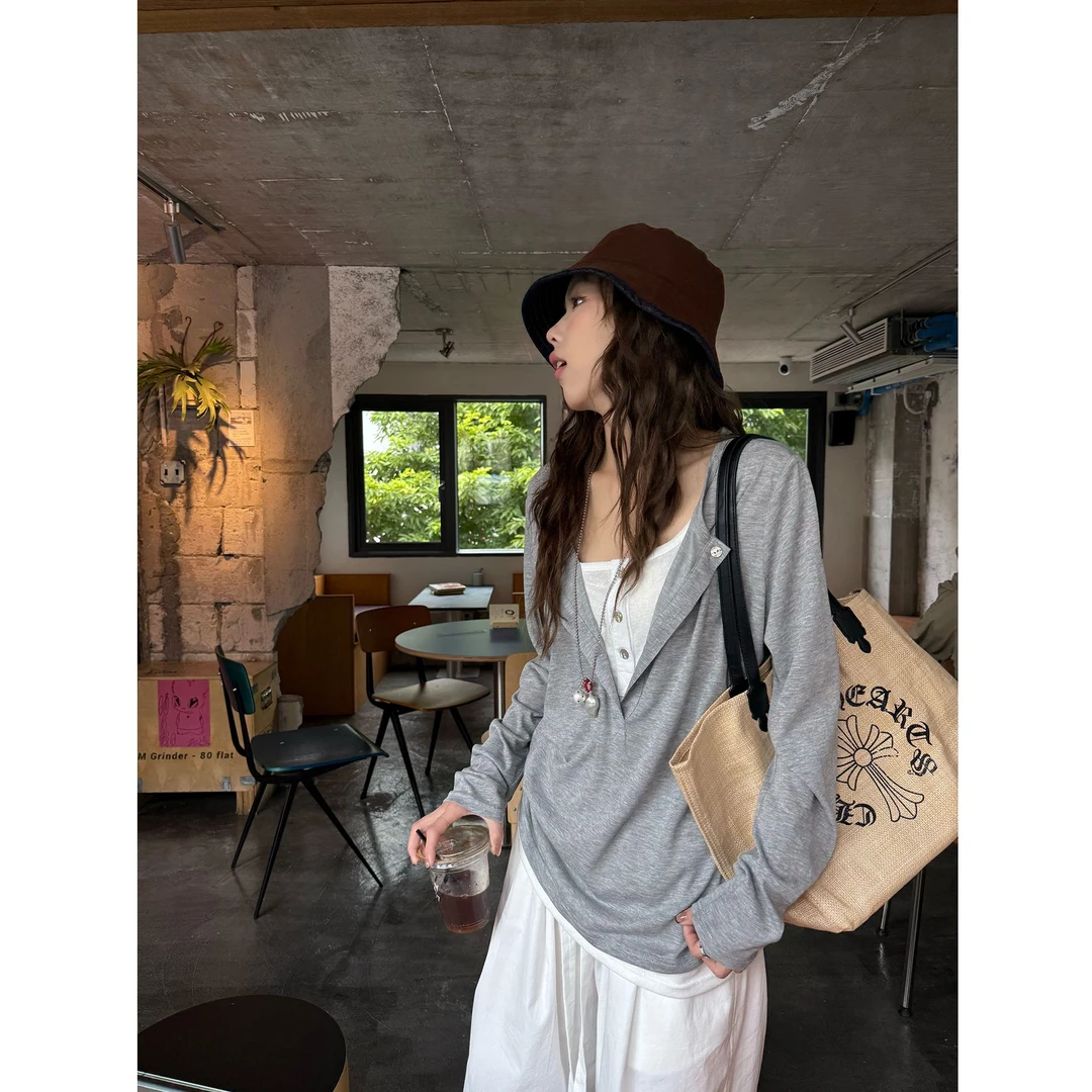 假两件长袖T2025秋季新款小众宽松慵懒休闲设计T恤上衣女