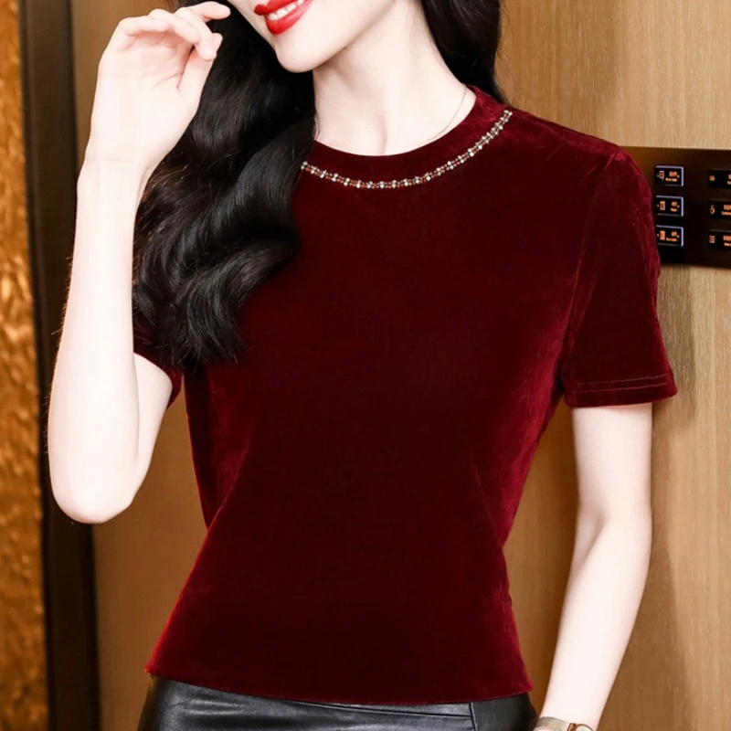 圆领钉珠丝绒短袖t恤女春夏新款内搭高端洋妈妈气打底衫气质上衣