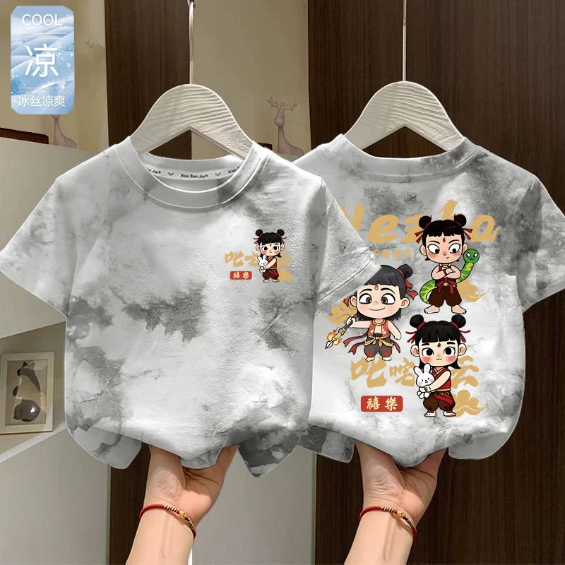 男童扎染T恤2025新款韩版儿童速干半袖t上衣夏季哪吒潮酷体恤
