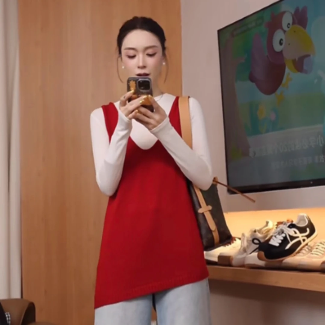 十三行新品叠穿风U领中长款外搭背心