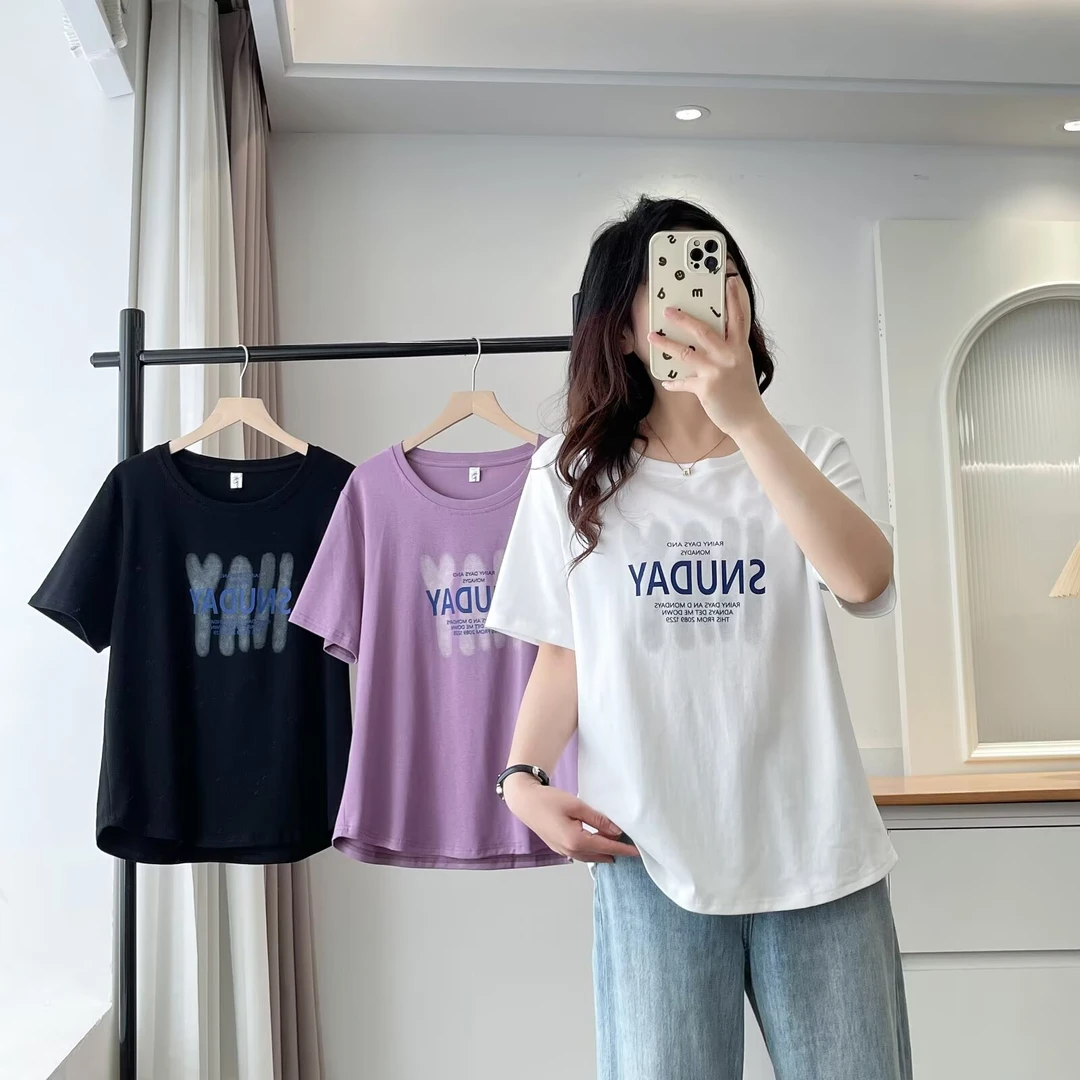 奢怡雅欣宇大码洋气显瘦夏季圆领休闲印花时尚宽松短袖T恤#晨7005