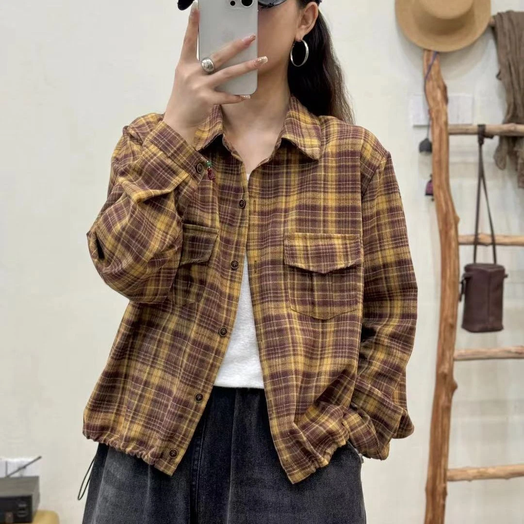 5123新款秋季休闲百搭减龄抽绳格子长袖衬衫