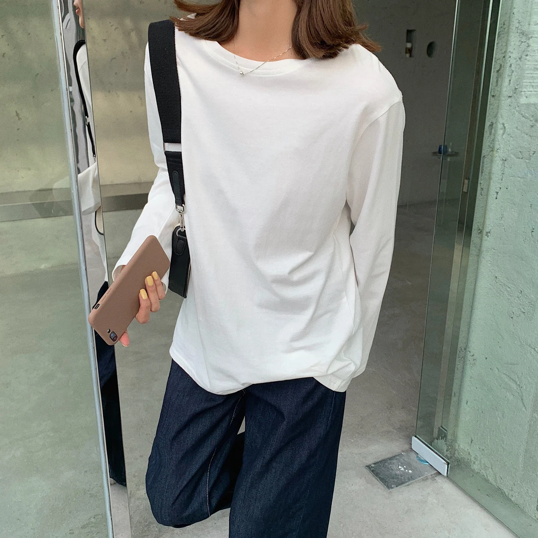 【C】微胖MM大码女装简约圆领纯白色长袖T 2171