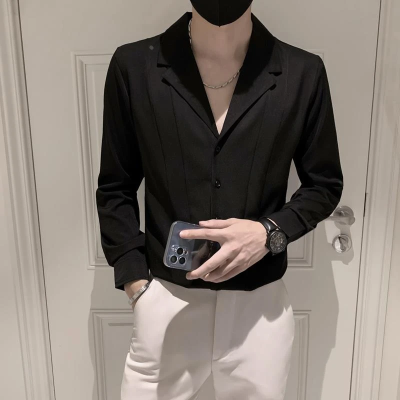 杜拉妮V领衬衫男士秋季新款修身西装领长袖衬衣男士休闲百搭衬衫