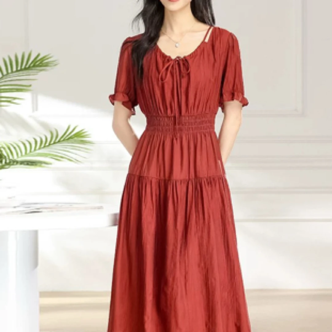 25162夏季连衣裙女装旅游穿的裙子大码纯色中长款长裙遮肚女装