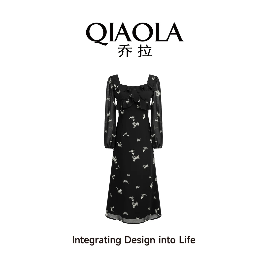 QIAOLA/乔拉【月影蝶舞】秋季梭织蝴蝶碎花方领木耳边A版连衣裙预售