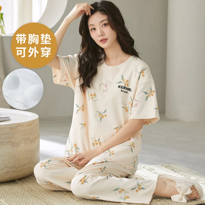 夏季自带胸垫一体短袖睡衣套装长裤家居服大码薄款夏天可外穿女