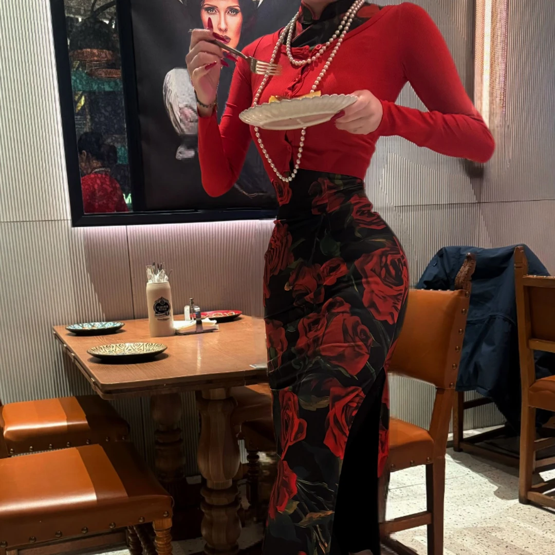 美人鱼【天使艾美丽】艺术感玫瑰印花包臀时尚休闲连衣裙显身材