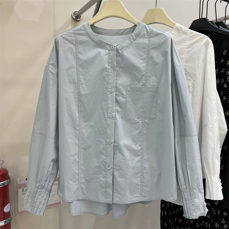 欧货单排扣长袖衬衫女2025秋季新款休闲圆领宽松百搭叠穿衬衣上衣