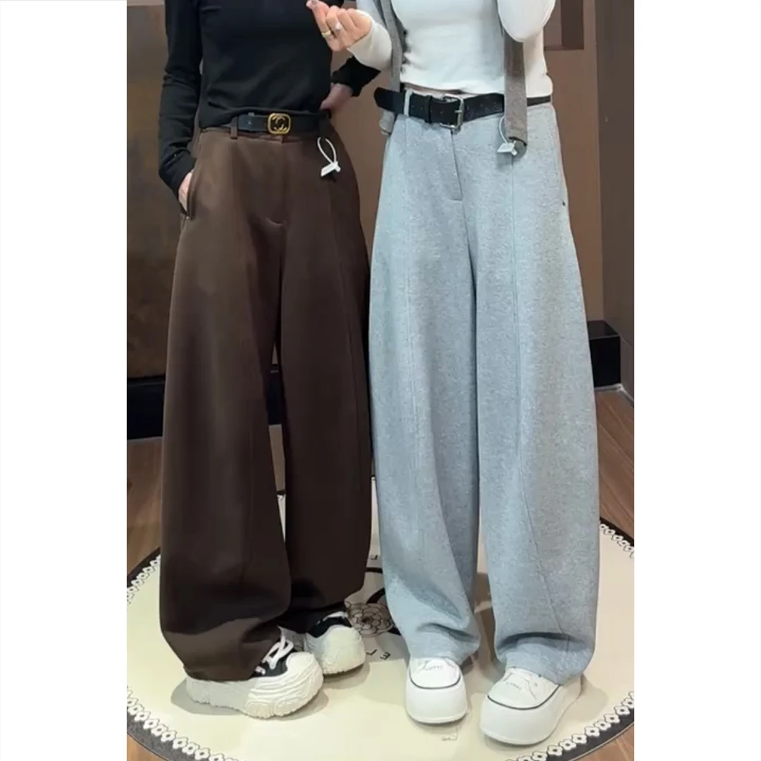 艾塔莉秋冬女款加绒百搭休闲裤宽松高腰阔腿裤加厚款遮肉显瘦卫裤