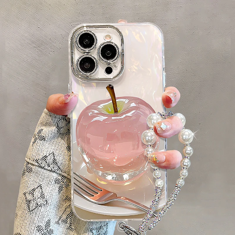 水晶苹果手链适用iPhone手机壳女款带镜头膜高级感全包防摔保护套