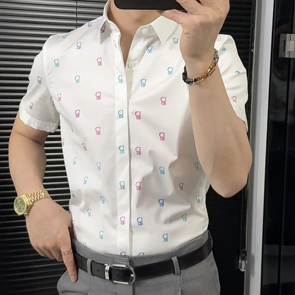 男士新款高密度修身印花帅气百搭韩版时尚潮流短袖衬衫衬衣白色
