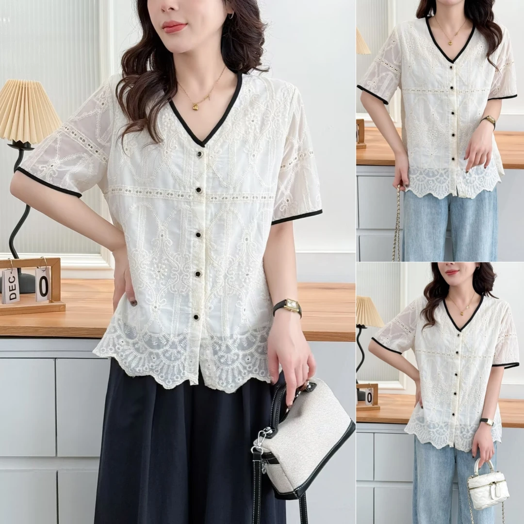 甜美法式微胖mm显瘦蕾丝花边刺绣大板型大码女装短袖衬衫衬衣上衣