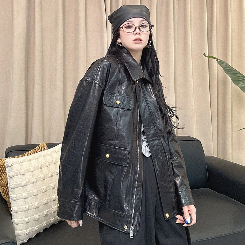 2025新款老钱风真皮油蜡皮小牛皮女复古时尚短外套高级感真皮皮衣