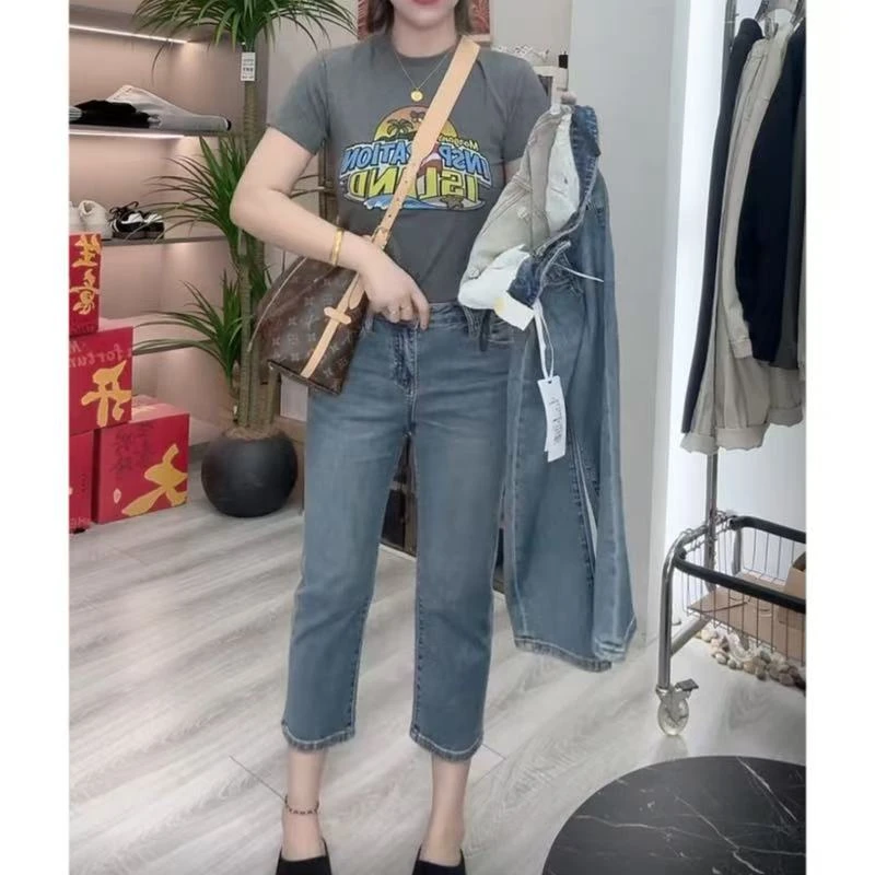 飞芊娅时尚百搭显瘦直筒牛仔裤春季新款修身显瘦小个子八分烟管裤