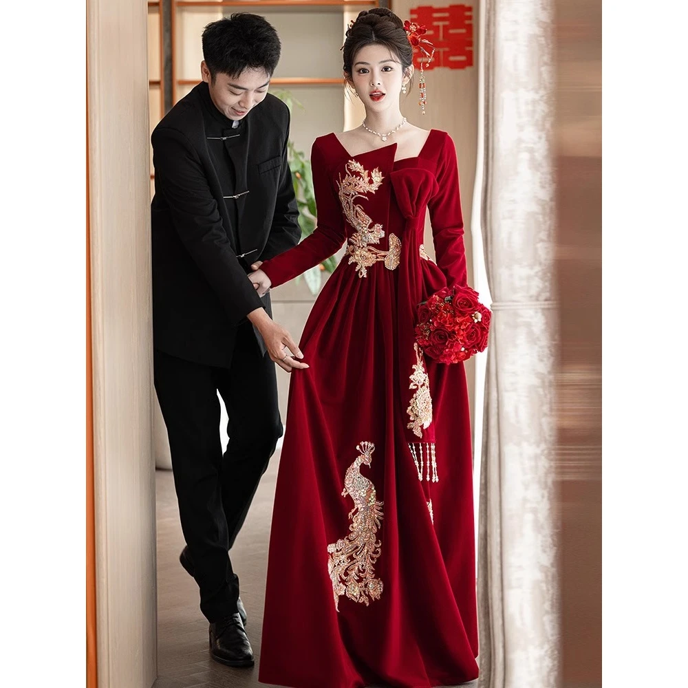 长袖新中式敬酒服新娘秋冬高级感红色结婚便装回门订婚礼服连衣裙