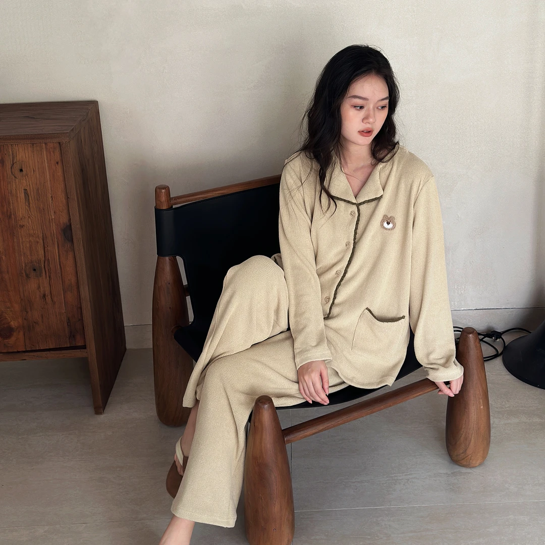 及好华夫格睡衣女春秋款秋冬季小熊长袖开衫大翻领甜美简约家居服