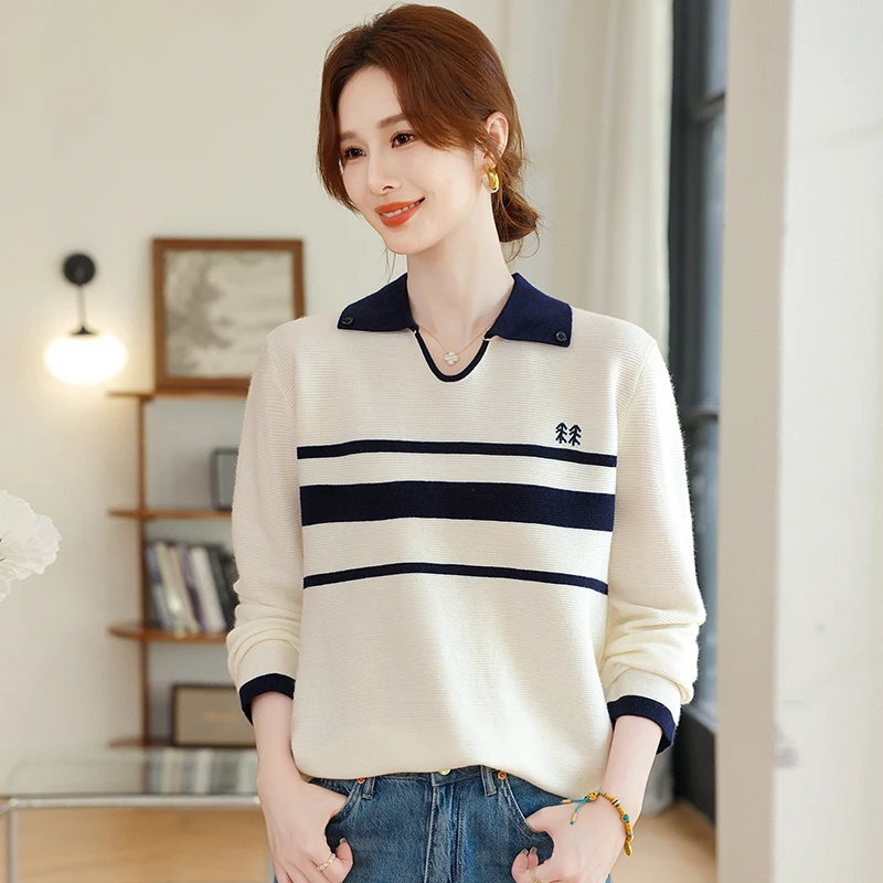 妈妈装秋冬季新款时尚针织毛衫透气亲肤中老年条纹50--60翻领穿搭