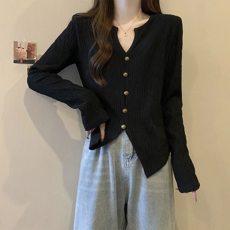 黑色V领长袖衬衫女秋季大码胖mm显瘦肌理感打底衫不规则开叉上衣