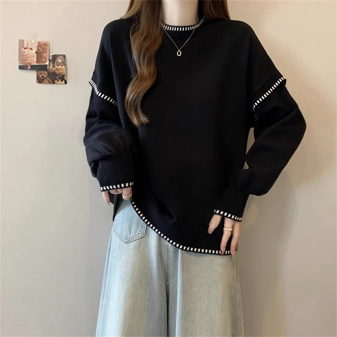 大码设计感休闲撞色针织打底衫女秋季胖MM显瘦宽松遮肉慵懒风毛衣