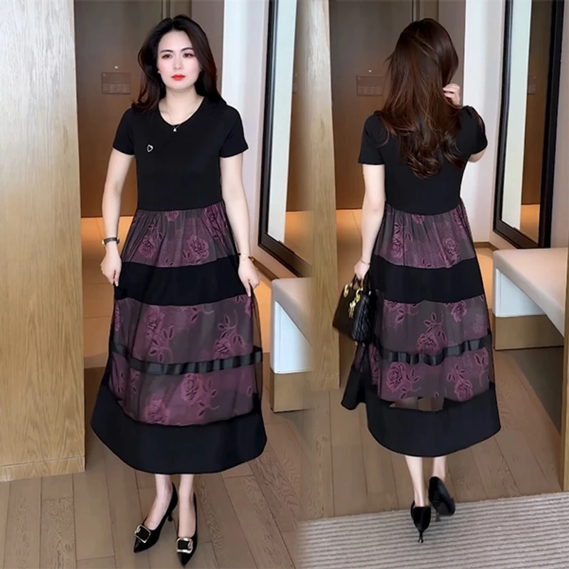 夏季洋气时尚气质连衣裙减龄百搭印花拼接假两件裙子大码显瘦复古