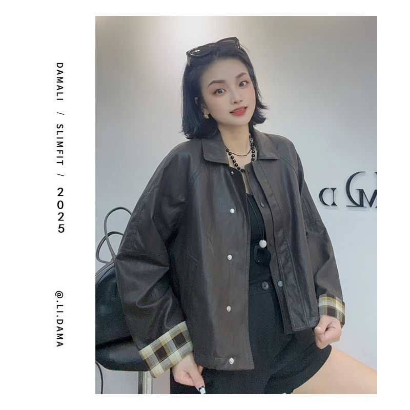 大码利-秋上新【美拉德格袖】欧韩小众设计款皮衣外套女秋