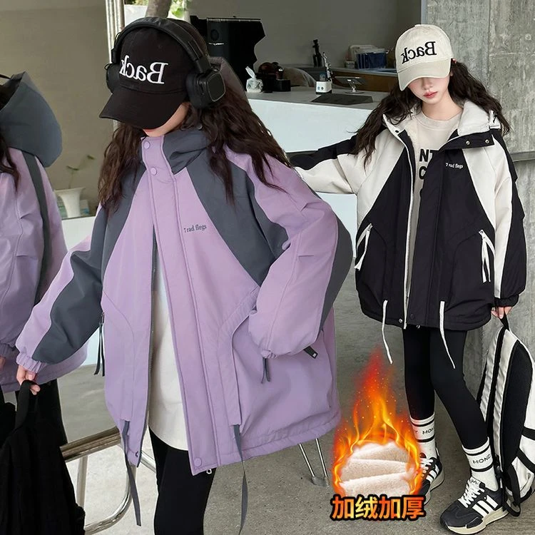 女童加绒秋冬外套2024新款青少年冬装保暖派克服加厚休闲冲锋衣潮