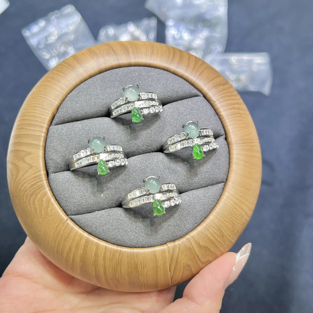 【红旭明玉】天然翡翠A货绿葫芦蓝水蛋面戒指开口戒 多样性发一件