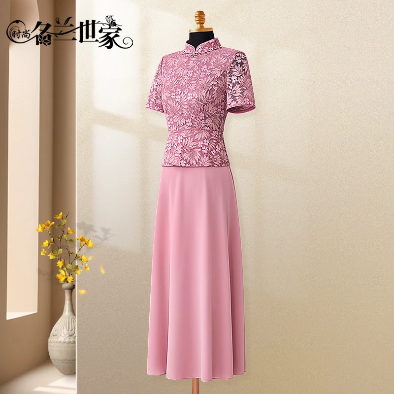 『梦雅』名兰世家短袖立领常规拉链长裙连衣裙蕾丝复古礼服装中国风