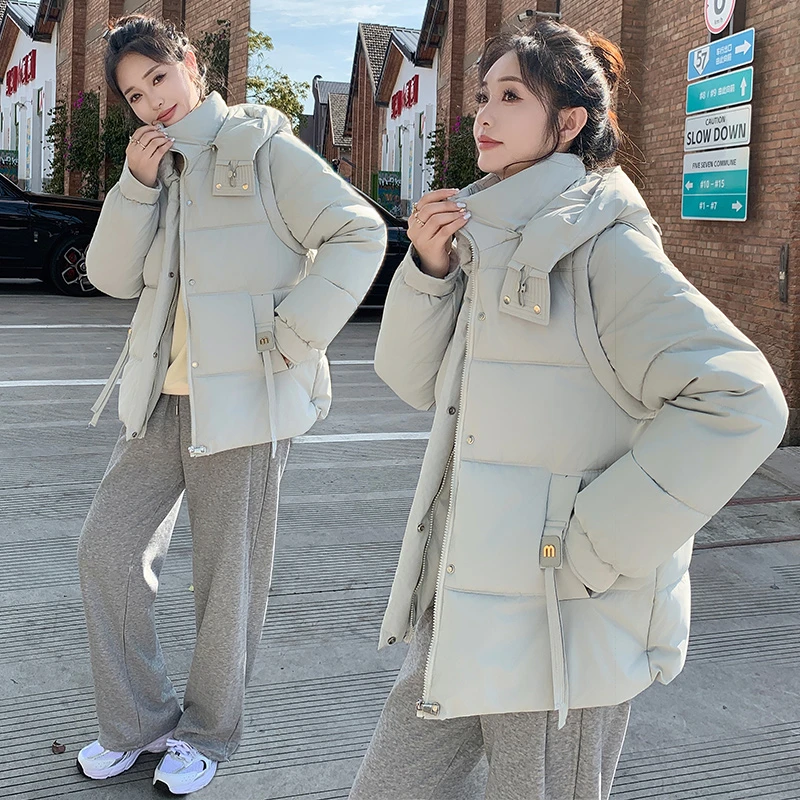 宽松型百搭短款加厚网红冬季连帽保暖可拆袖棉服外套时尚休闲韩版