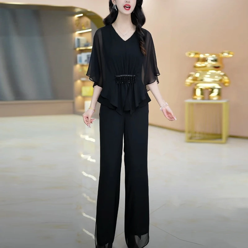 夏季女装洋气时尚休闲套装2025新款爆款气质收腰显瘦阔腿裤两件套