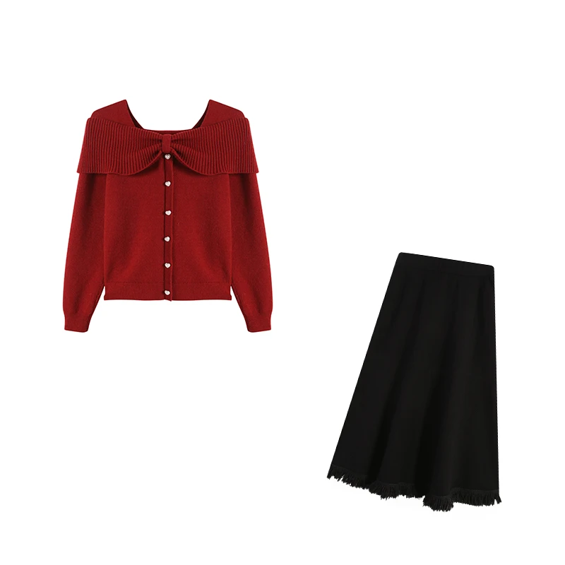大码新年蝴蝶结红色毛衣针织上衣2024氛围感长半裙两件套ZL102646