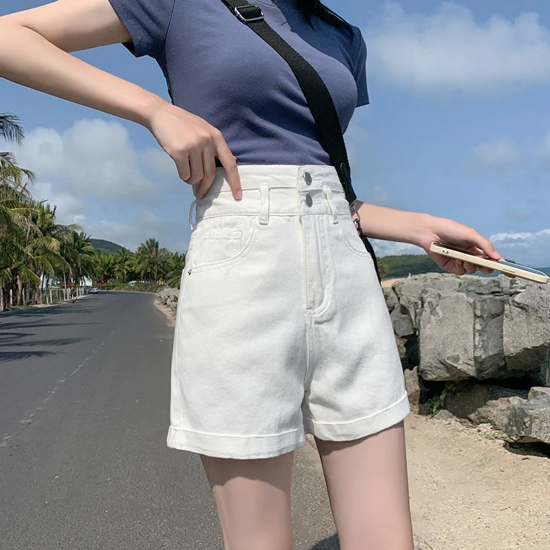 超高腰牛仔短裤女直筒夏季新款a字双扣宽松卷边阔腿外穿热裤ins潮