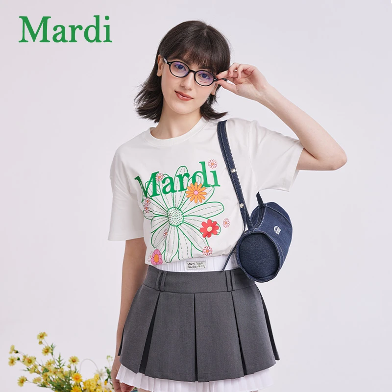 Mardi时尚雏菊繁花纯棉T恤白色印花宽松欧若风百搭女款短袖洋气