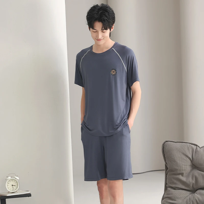【纯棉两件套】2025新款夏季休闲纯色男士短袖短裤家居服套装EC119