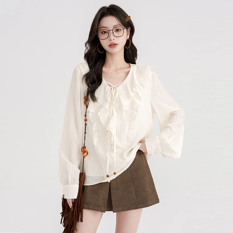 大码法式V领荷叶边衬衫女长袖2025秋新款胖MM设计感减龄气质上衣