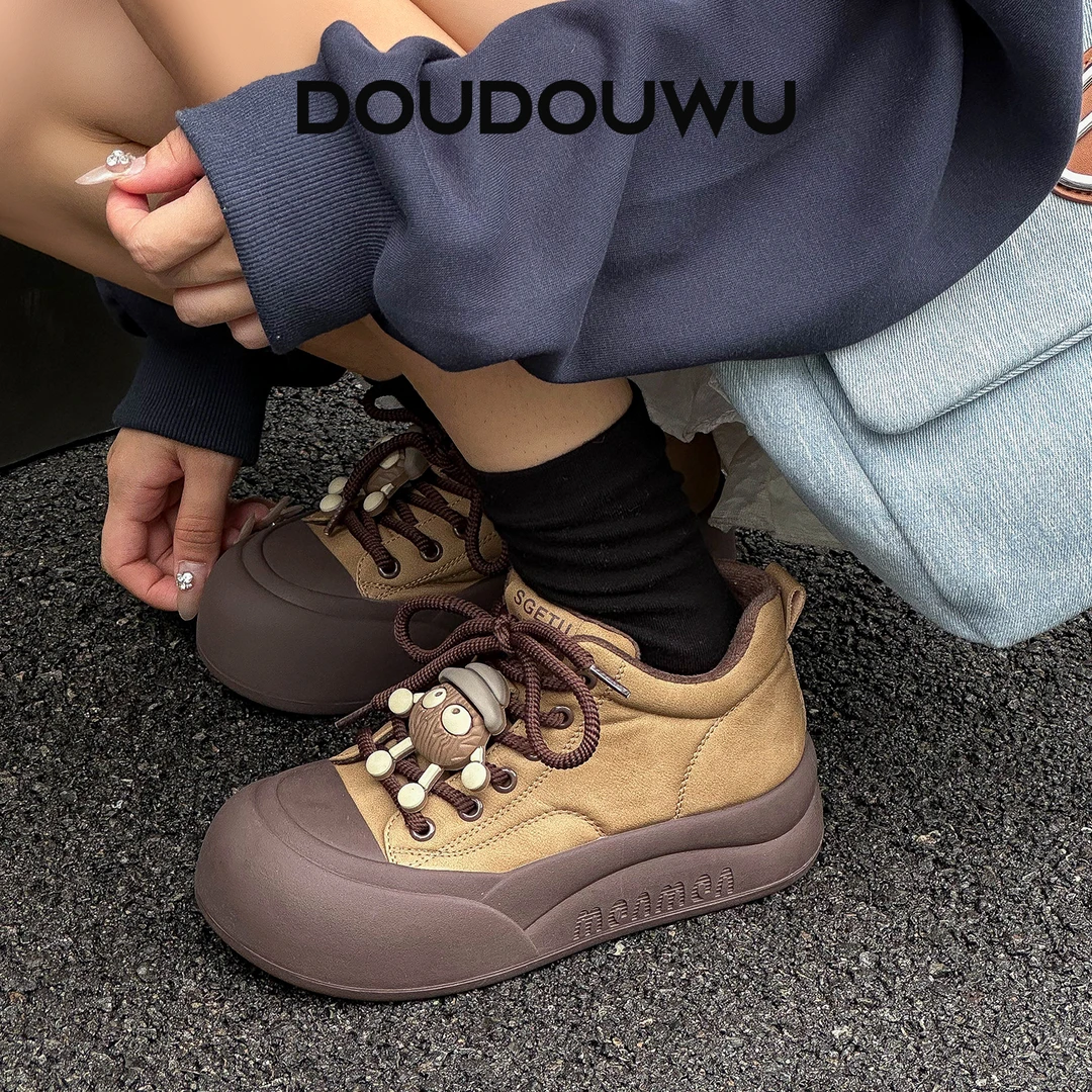 豆豆屋厚底板鞋女2025新款韩版潮酷运动休闲系带百搭圆头女鞋