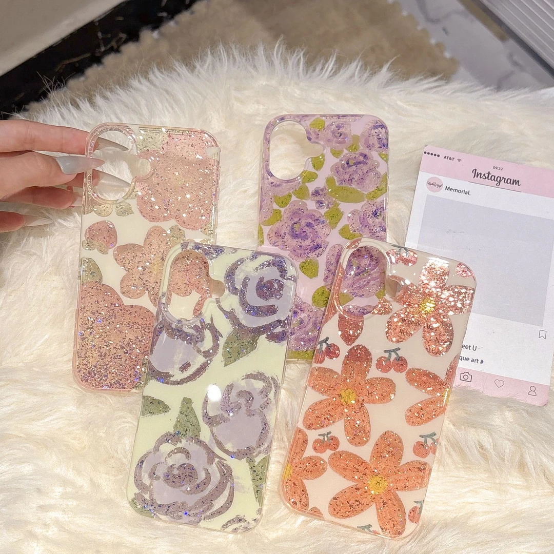 金箔闪粉花朵手机壳16保护套爱心边少女心高级感闪粉油画花朵仙女