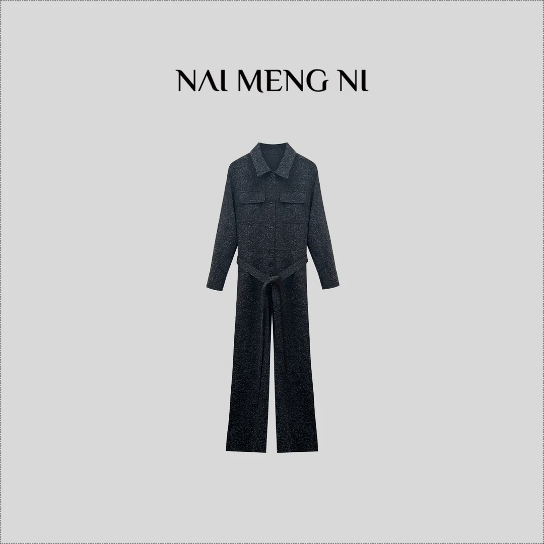 NMN王火火&【返潮复古】翻领小香风显瘦绑带连体裤 26N52055