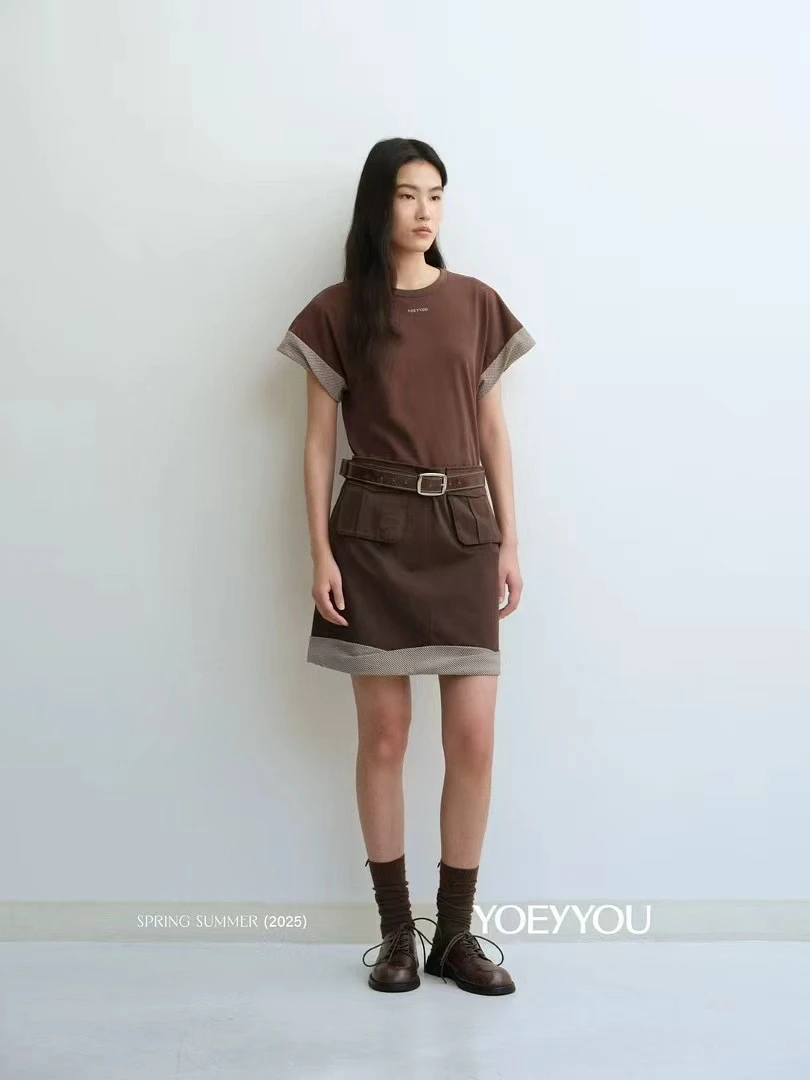 YOEYYOU休闲盖袖T恤女25春夏新品小众设计简约圆领撞色短袖上衣