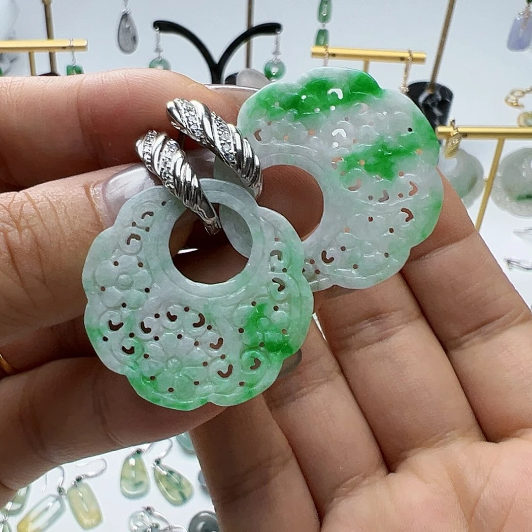 翡翠银S925镶嵌耳饰天然缅甸A货翡翠