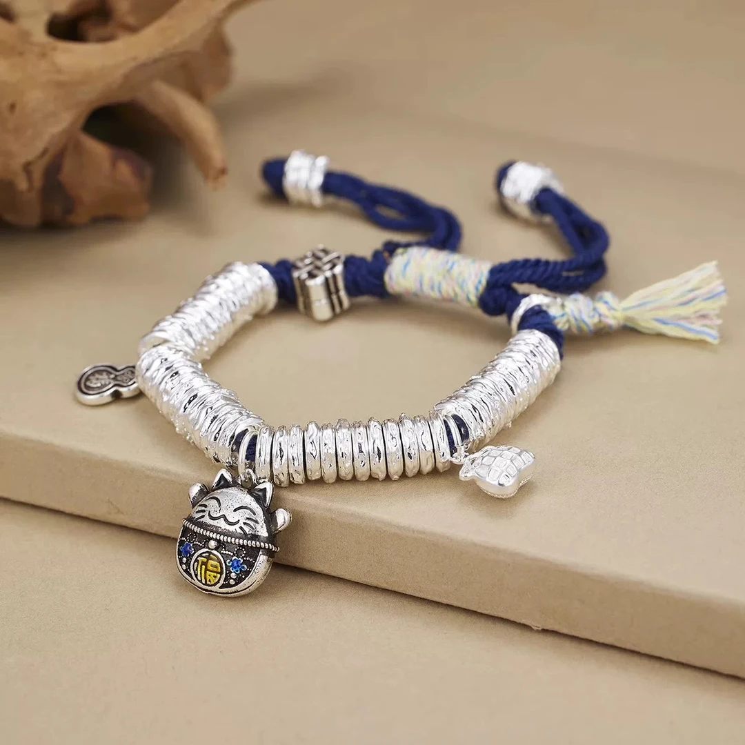 足银手镯 通体实心足银999.9招财猫猫盘缠手链