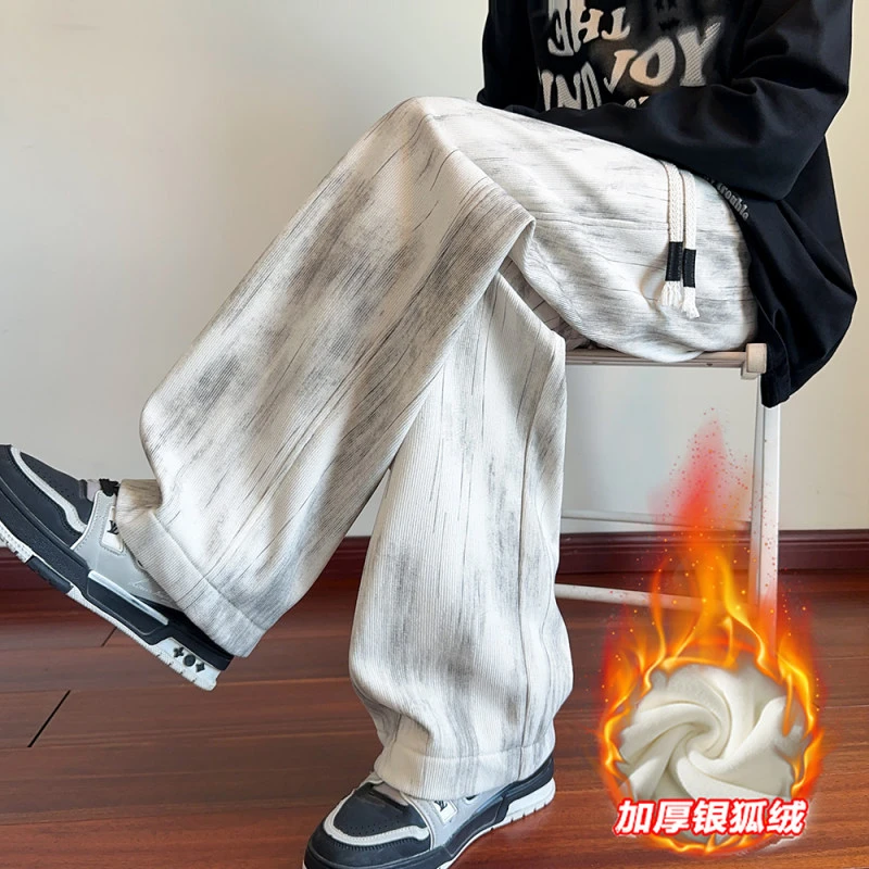 原创美式高街休闲裤男秋冬加绒加厚直筒宽松阔腿抽绳痞帅扎染长裤