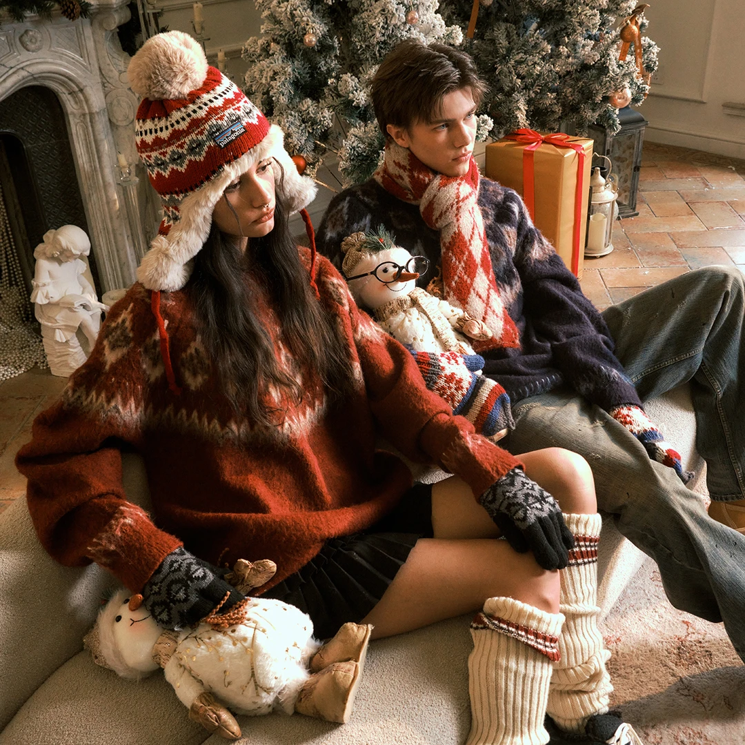 FORNINES费尔岛红色毛衣男女新款潮牌情侣装针织衫秋冬圣诞毛线衣