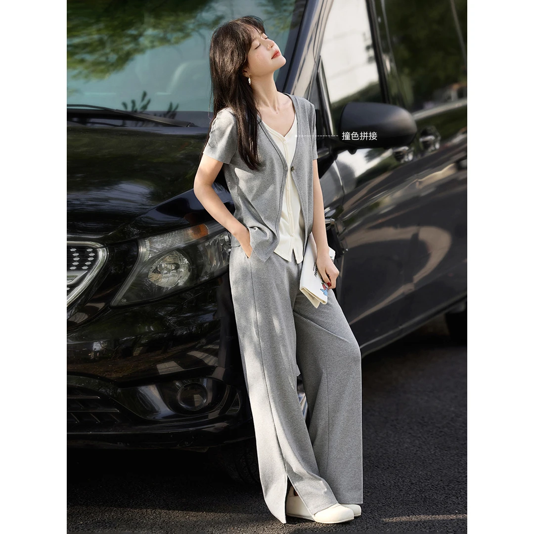 沫晗依美拼接假两件外套+阔腿裤2025夏简约棉感套装女60803