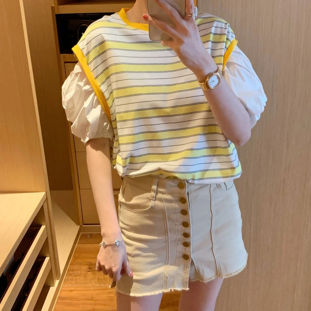 【张静芝】撞色条纹拼泡泡袖T恤