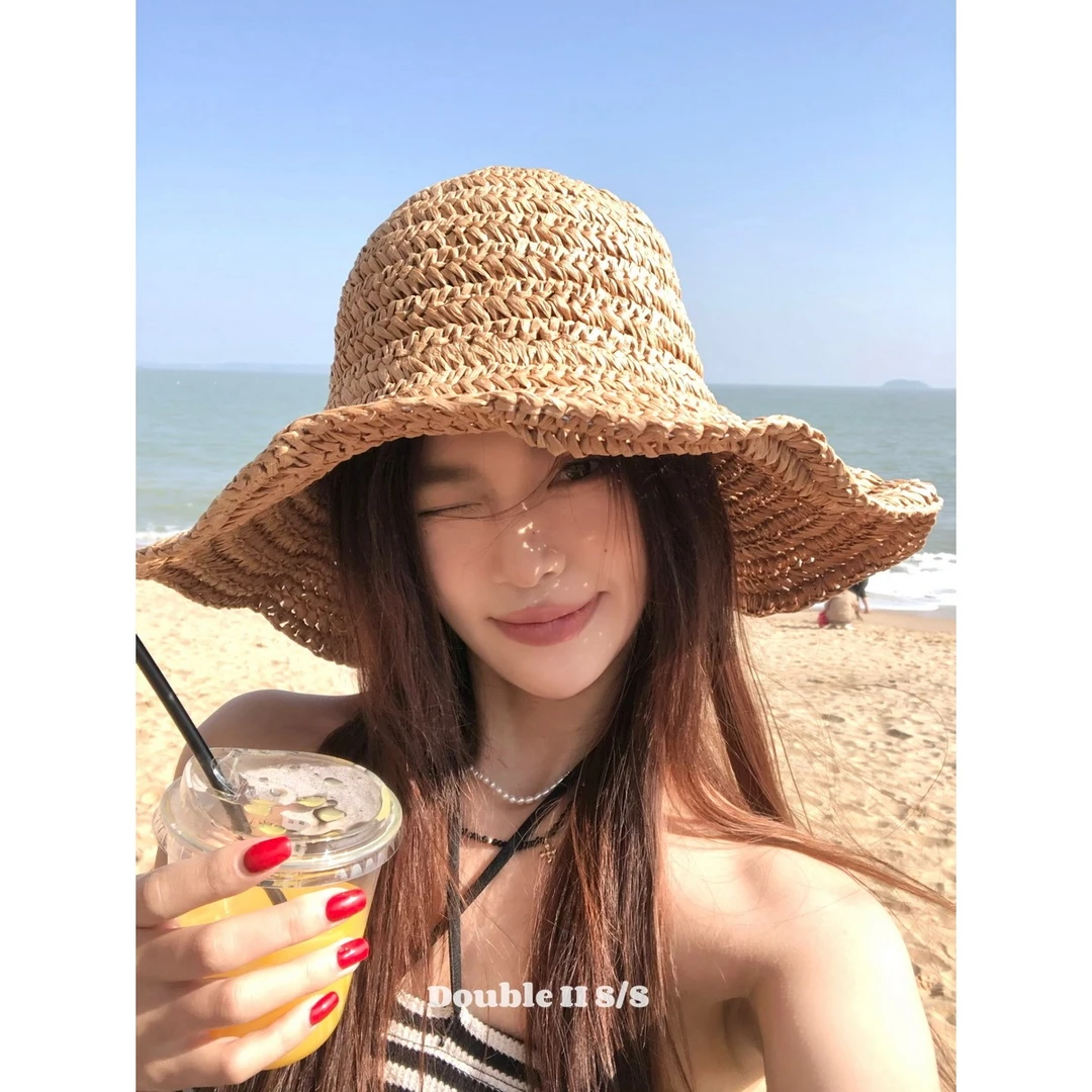 double i i 韩系简约高级光版大檐草帽女户外出行防晒显脸小遮阳