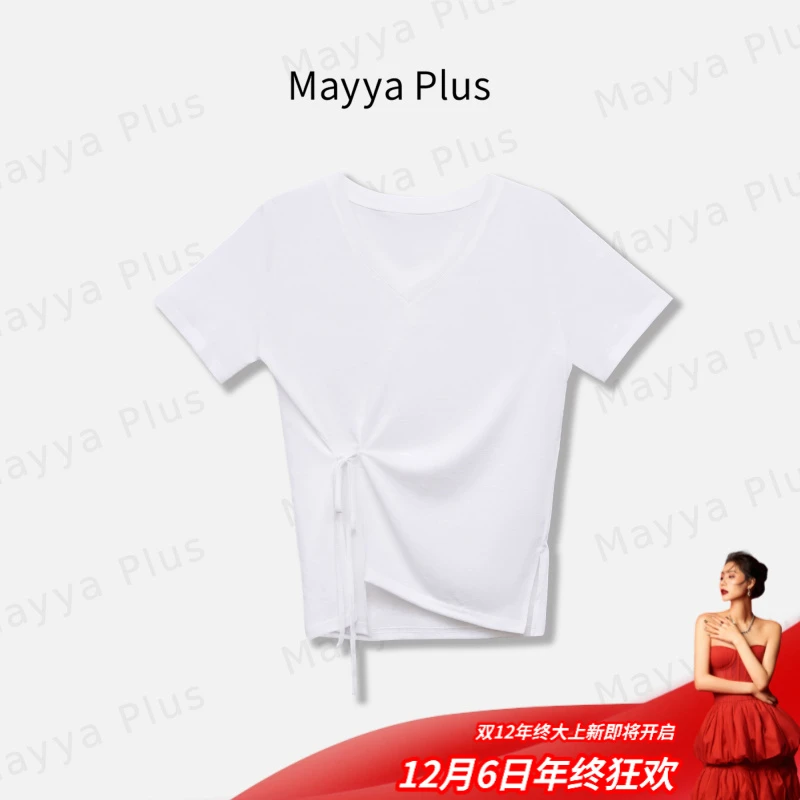 【错位视角】Mayya Plus麦芽定制不规则收腰短袖T恤V领上衣32528697